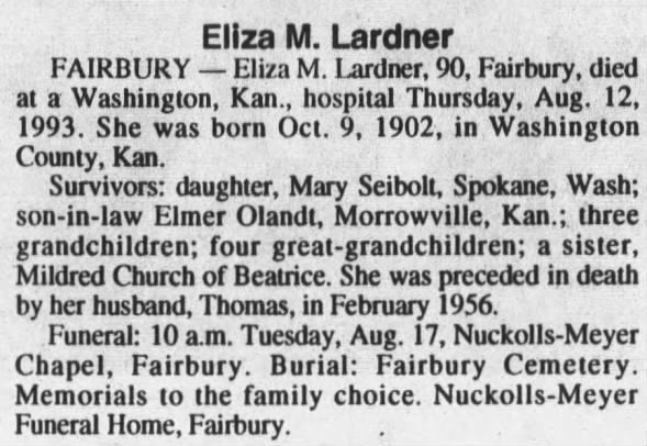 Obituary for Eliza M. Lardner, 1902-1993 (Aged 90)